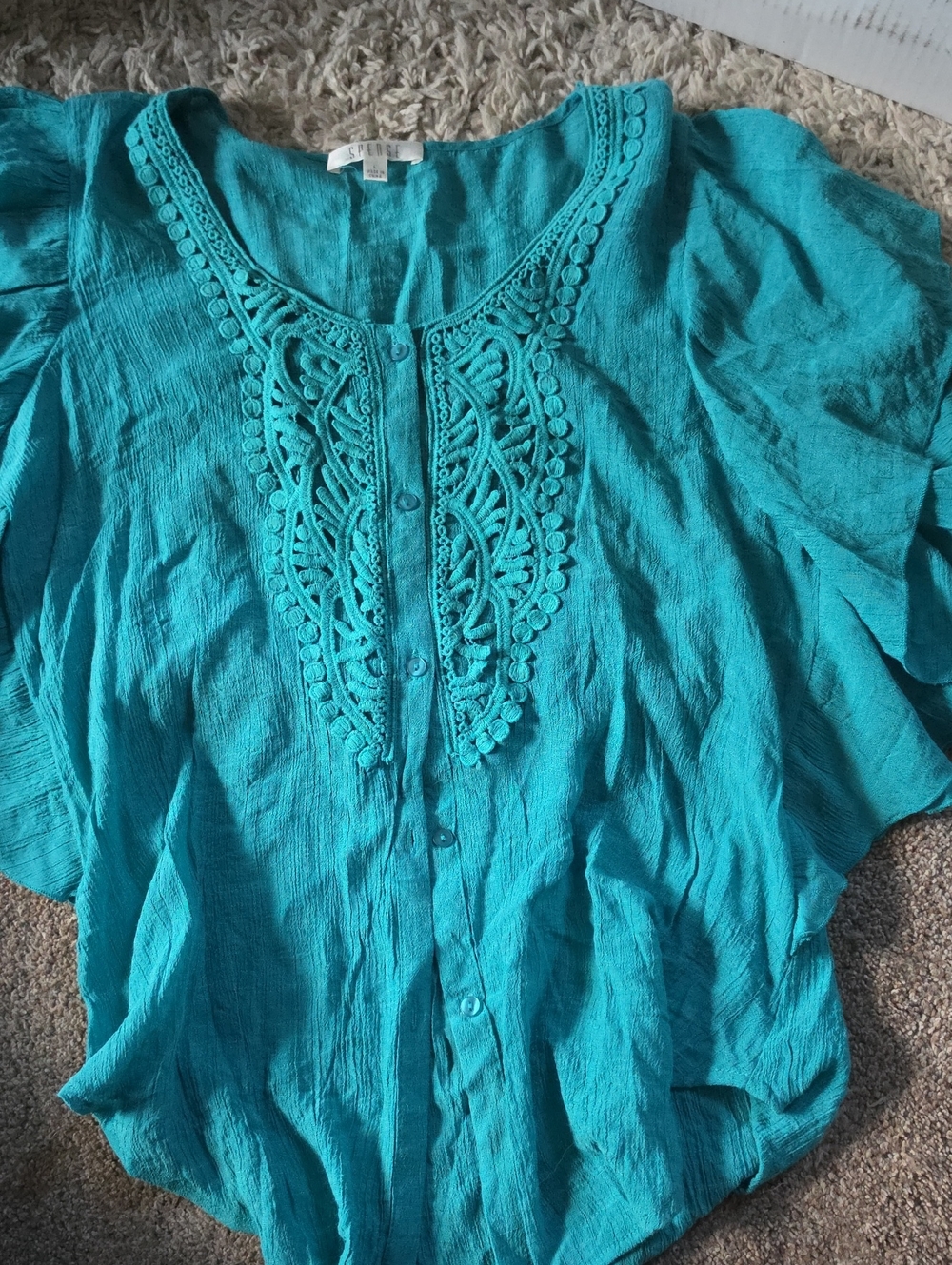 NWT Spense Teal Crochet-Trim Button Front Blouse Fancy Sleeved Large